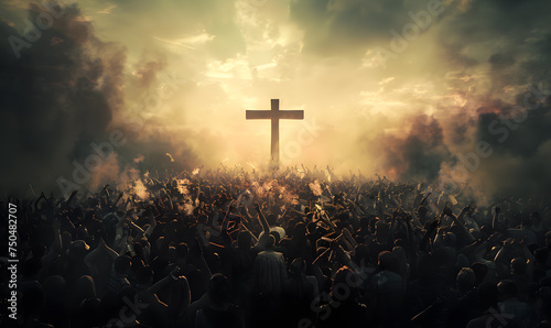 Christianity concept with worshipers raising hands up in front of religious cross photo