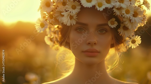 beauty girl with flowers in front her head holding meditation on her shoulders over sunset, in the style of light yellow and white, pictorial. generative AI