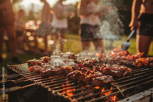 A sunny, casual barbecue scene with skewers of meat cooking on the grill, friends gathered, embodying leisure and friendship photo