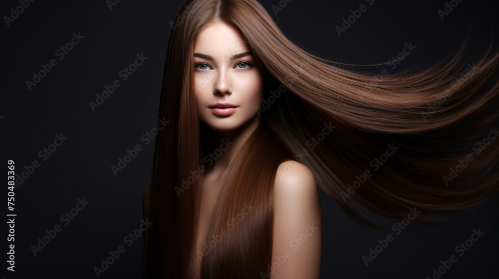 Young Woman With Glossy Brown Hair Against Dark Background. Generative AI Young Woman With Glossy Brown Hair Against Dark Background. Generative AI