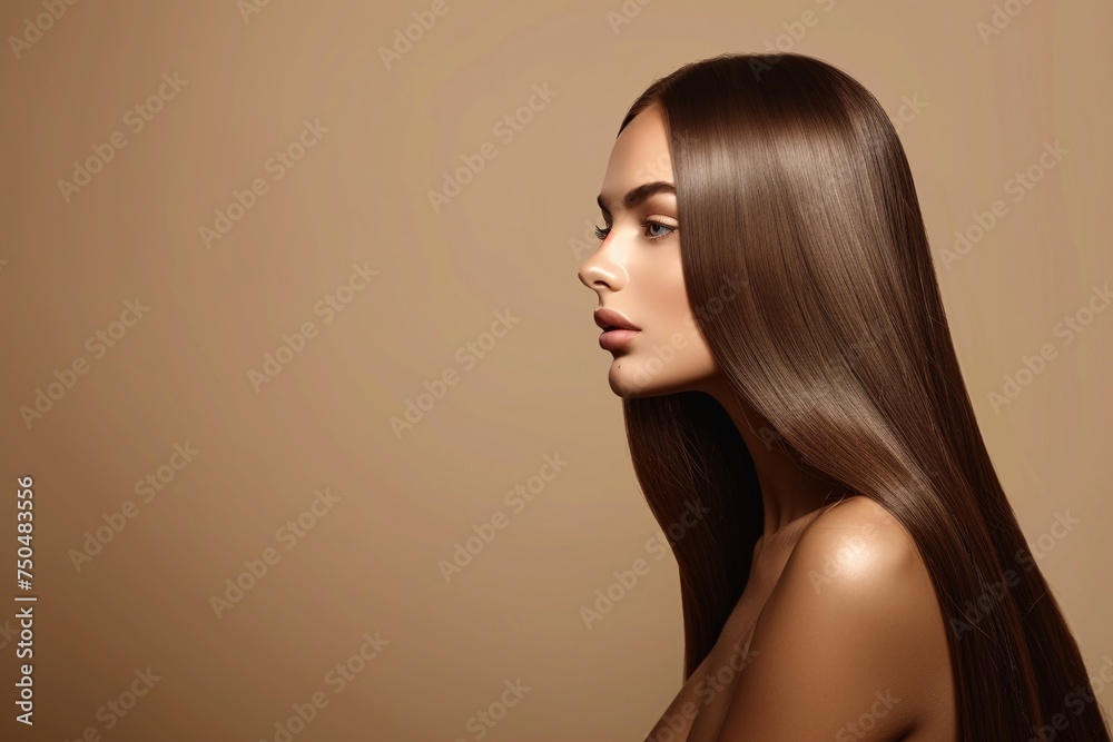 Naklejka premium Portrait of a Young Woman With Glossy Long Brown Hair. Generative AI