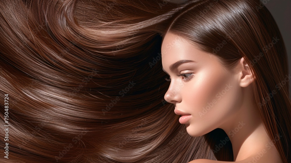 Young Woman Showcasing Luxurious Brown Hair. Generative AI Young Woman Showcasing Luxurious Brown Hair. Generative AI