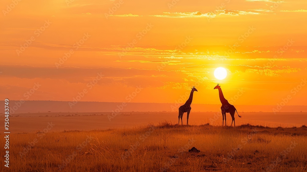 Giraffes graze in the fields amidst natural beauty.