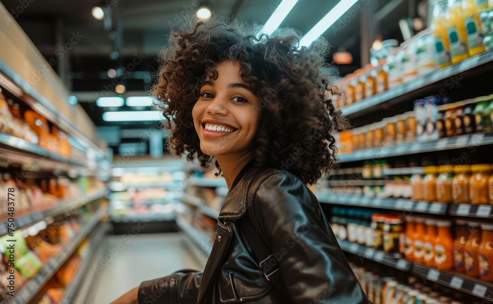Charming young woman shopping at supermarket, showing a cheerful smile, with shelves of products around her
