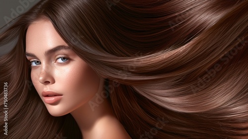Young Woman Showcasing Luxurious Brown Hair. Generative AI