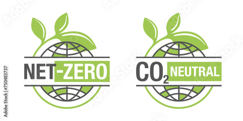 Net zero - CO2 neutral, flat emblems