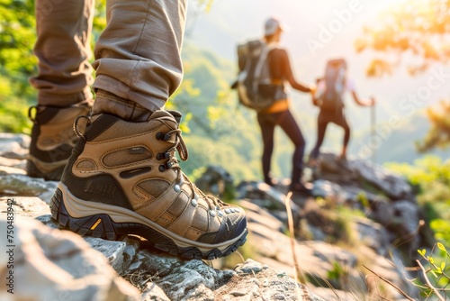 A detailed view focused on a hiker’s boots with blurred group of trekkers in the background photo