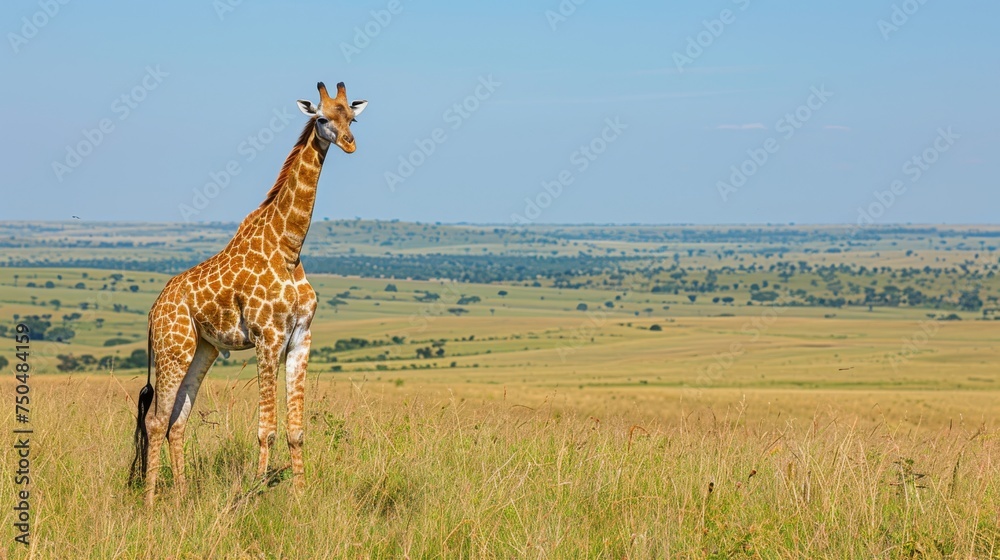 Obraz premium Giraffes graze in the fields amidst natural beauty.