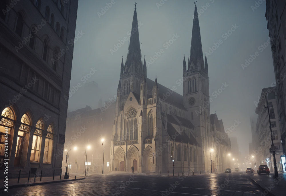 Church in the foggy city street - obrazy, fototapety, plakaty 