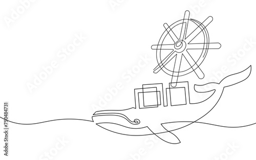  One continuous line wheel helm computer developer app concept. Business digital open source program. Data coding steering vector line illustration