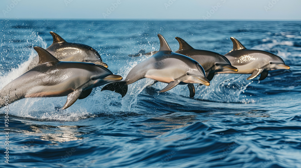 Obraz premium Cute dolphins jumping high in the blue sea