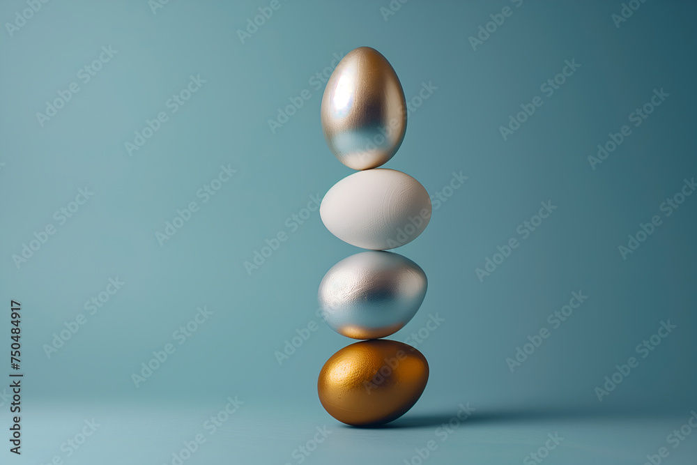 Easter eggs stand stacked vertically. Easter minimalist concept - obrazy, fototapety, plakaty 
