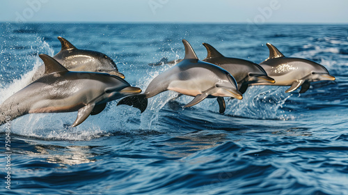 Cute dolphins jumping high in the blue sea