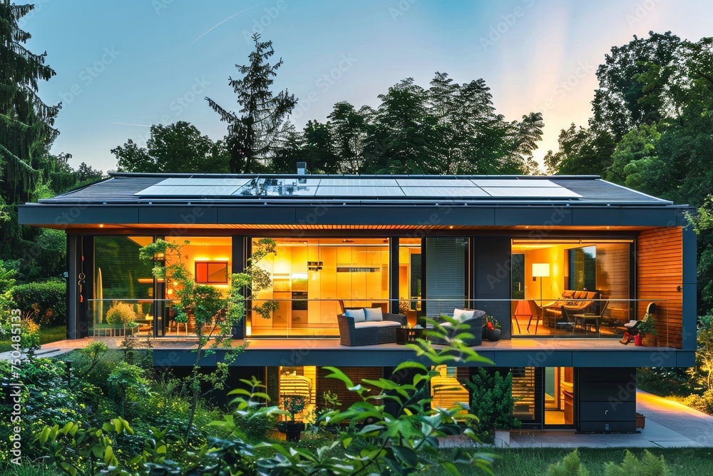Eco-friendly modern house with solar panels during a sunny day, showcasing sustainable living