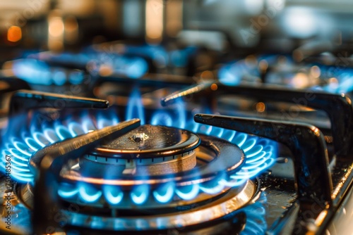 A close-up view of a kitchen gas burner with blue flames, highlighting the utility in culinary processes