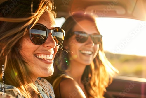 Two young women with sunglasses are laughing and enjoying a car ride together, captured in a warm, candid moment © Radomir Jovanovic