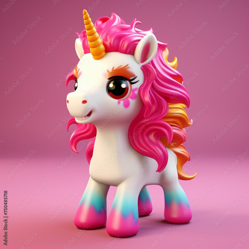 Toylike 3d unicorn illustration with colourful red hair on a pink background 