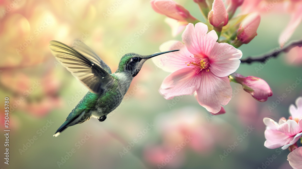 Naklejka premium A vibrant hummingbird hovers near a pink flower in a natural setting, creating a beautiful and harmonious scene in nature