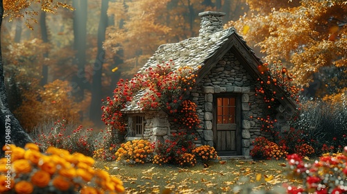 an old hut or barn made of stone against the background of beautiful autumn nature, cozy, decorated with flowers and vintage things