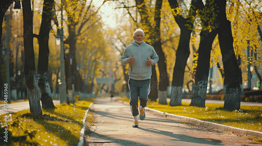 Obraz premium An elderly man runs in the park in the morning for health