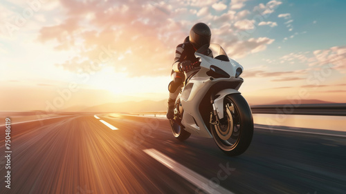 High-speed thrill ride of a motorcyclist at sunset on an open road.