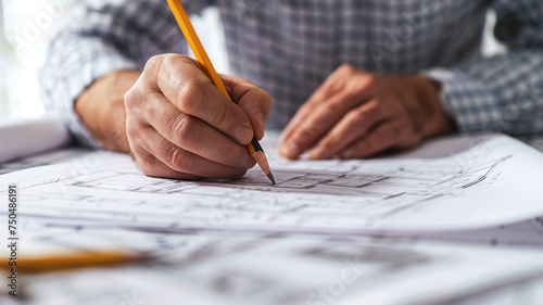 Close-up of an architect sketching a construction project in office