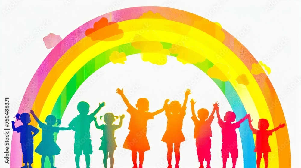 Children's Silhouettes Celebrating Under a Colorful Rainbow. Generative ai