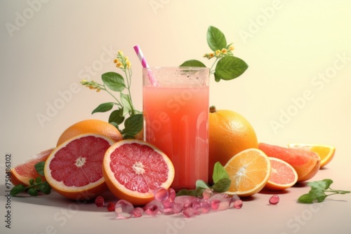 Isolated drinks. Glasses of fresh citrus juices (orange, grapefruit, lemon, lime) and cut fruits isolated on white background