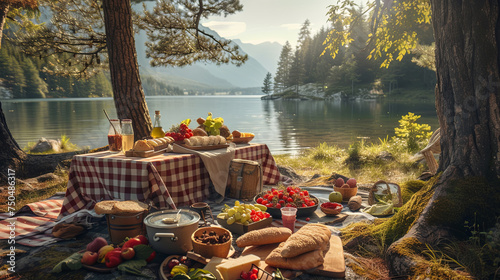 Beautiful place by the water for a picnic with a table and food, vacation concept