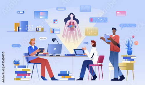 Flat medical students, doctors or nurses studying in hospital. Medicine education. Young physician specialist, group of interns learning human anatomy online. Healthcare seminar, remote class, lecture
