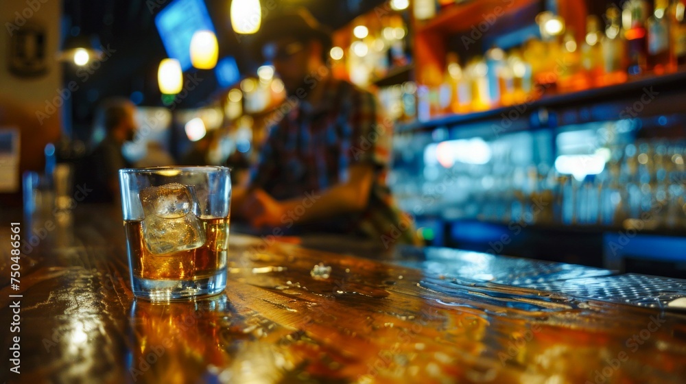 Evening Solitude: Whiskey on the Rocks at a Dimly Lit Bar. Generative ai