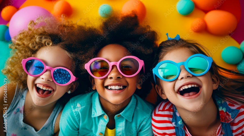 Children's Party Fun with Colorful Sunglasses. Generative ai Children's Party Fun with Colorful Sunglasses. Generative ai