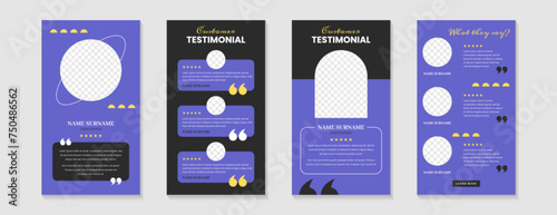 Customer service review template or feedback story template design. Vector set of blue testimonial posts for social media. Web banners of client satisfaction with short quote and star rating.