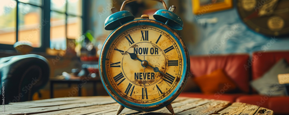 Close-up of a clock face with 'NOW OR NEVER' slogan emphasizing urgency and the importance of timely action in a high-stakes moment - obrazy, fototapety, plakaty 