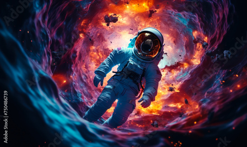 Astronaut drifting in cosmic space near a swirling galaxy and a vibrant nebula with a surrealistic wormhole backdrop