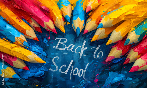 Vibrant illustration of a Back to School chalkboard sign surrounded by colorful pencils, celebrating the beginning of a new school year