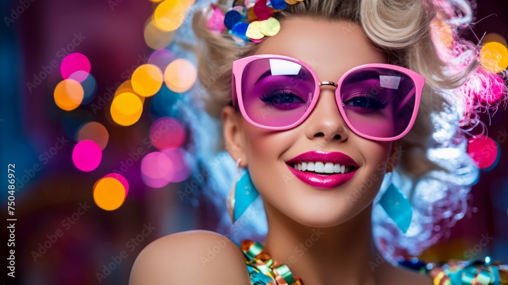 Stylish Woman in Vibrant Sunglasses with Confetti. Generative ai Stylish Woman in Vibrant Sunglasses with Confetti. Generative ai