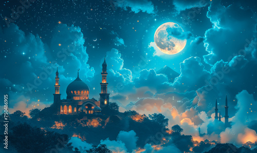 Enchanting Ramadan Kareem greeting with floating mosque and crescent moon amidst clouds and stars, invoking a sense of spirituality and celebration