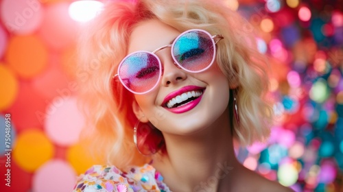 Stylish Woman in Vibrant Sunglasses with Confetti. Generative ai