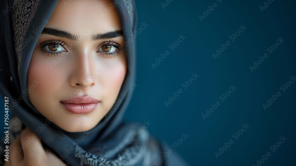 Portrait of young woman with hijab, natural beauty and cultural fashion against a blue background. Portrait of young woman with hijab, natural beauty and cultural fashion against a blue background.