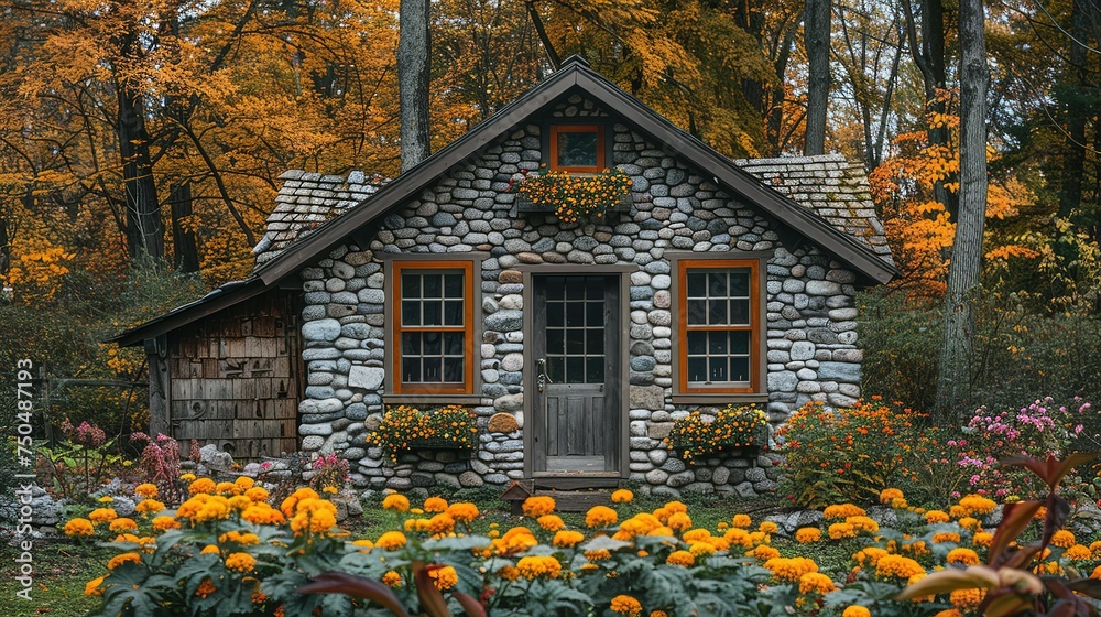 an old hut or barn made of stone against the background of beautiful autumn nature, cozy, decorated with flowers and vintage things