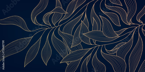 Vector gold leaf background pattern, floral abstract luxury art deco design. Premium elegant jungle line illustration. Fancy tropic summer ornament.