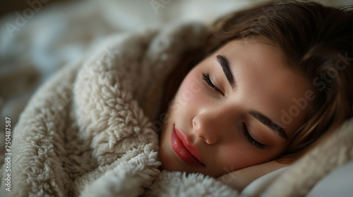 Peaceful young woman sleeping cozily wrapped in a soft blanket, with a serene expression.