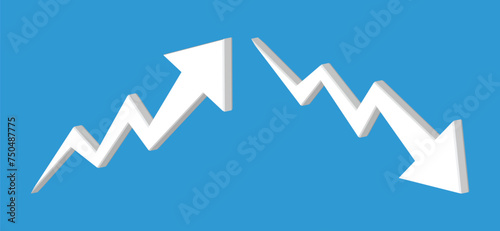 Graph going Up and Down with 3D white arrows on blue.White chart bar vector illustration concept of sales bar chart symbol icon with arrow moving down and sales bar chart with arrow moving up.