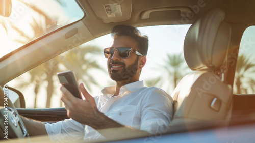 Stylish man in a convertible using a phone on a sunny day. photo