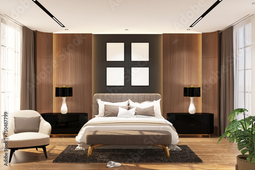 Modern contemporary  bed room with frame mock up on the wall. Design 3d rendering of gray and light woods. Design print for illustration, presentation, mock up, interior, zoom, background. Set 8 © asesidea