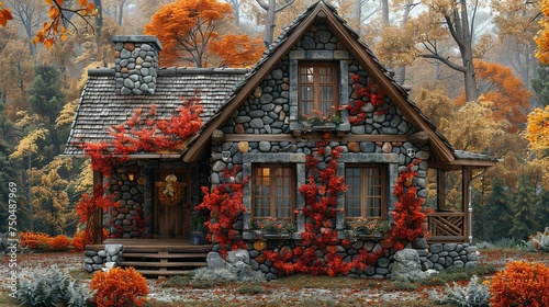 an old hut or barn made of stone against the background of beautiful autumn nature  cozy  decorated with flowers and vintage things