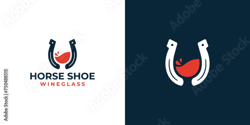 Creative Horse Shoe Wine Logo. Horse Shoe and Wine Glasses, Liquid Red Wine with Minimalist Style. Horse Logo Icon Symbol Vector Design Template.