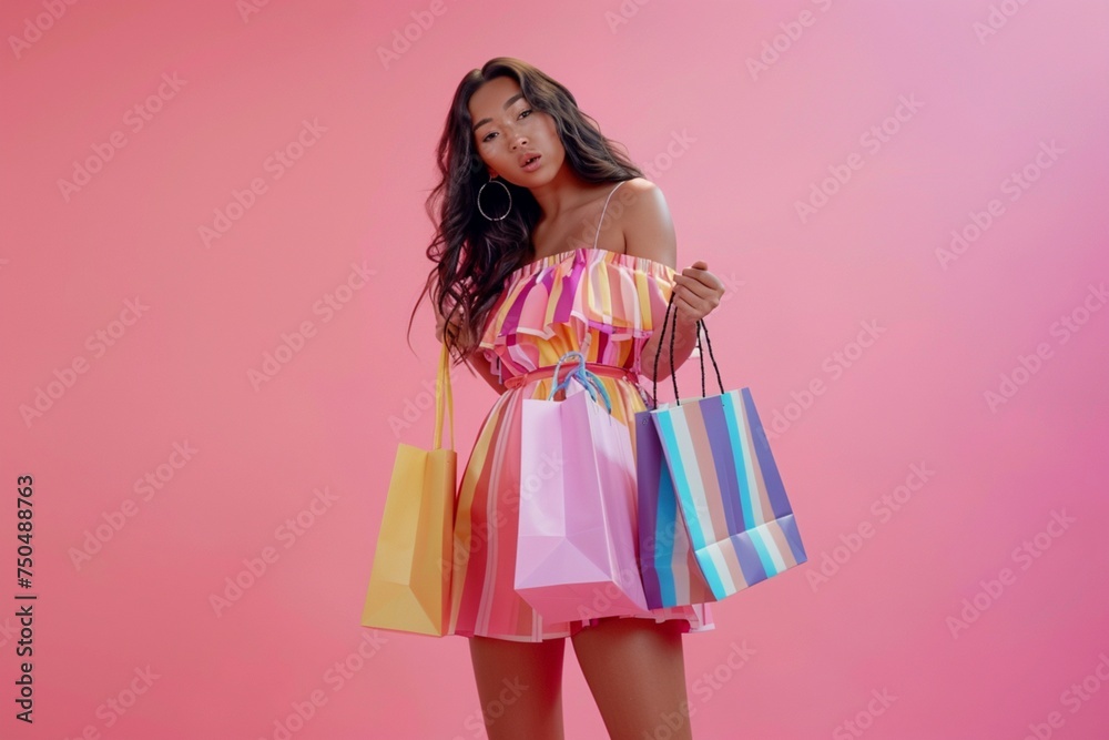young woman holding shopping bags in pink background