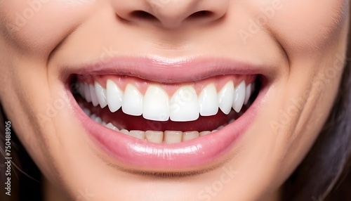 Close-up of a smiling woman's teeth revealing white spots and plaque on the tooth surface. Oral care and Dental concept.